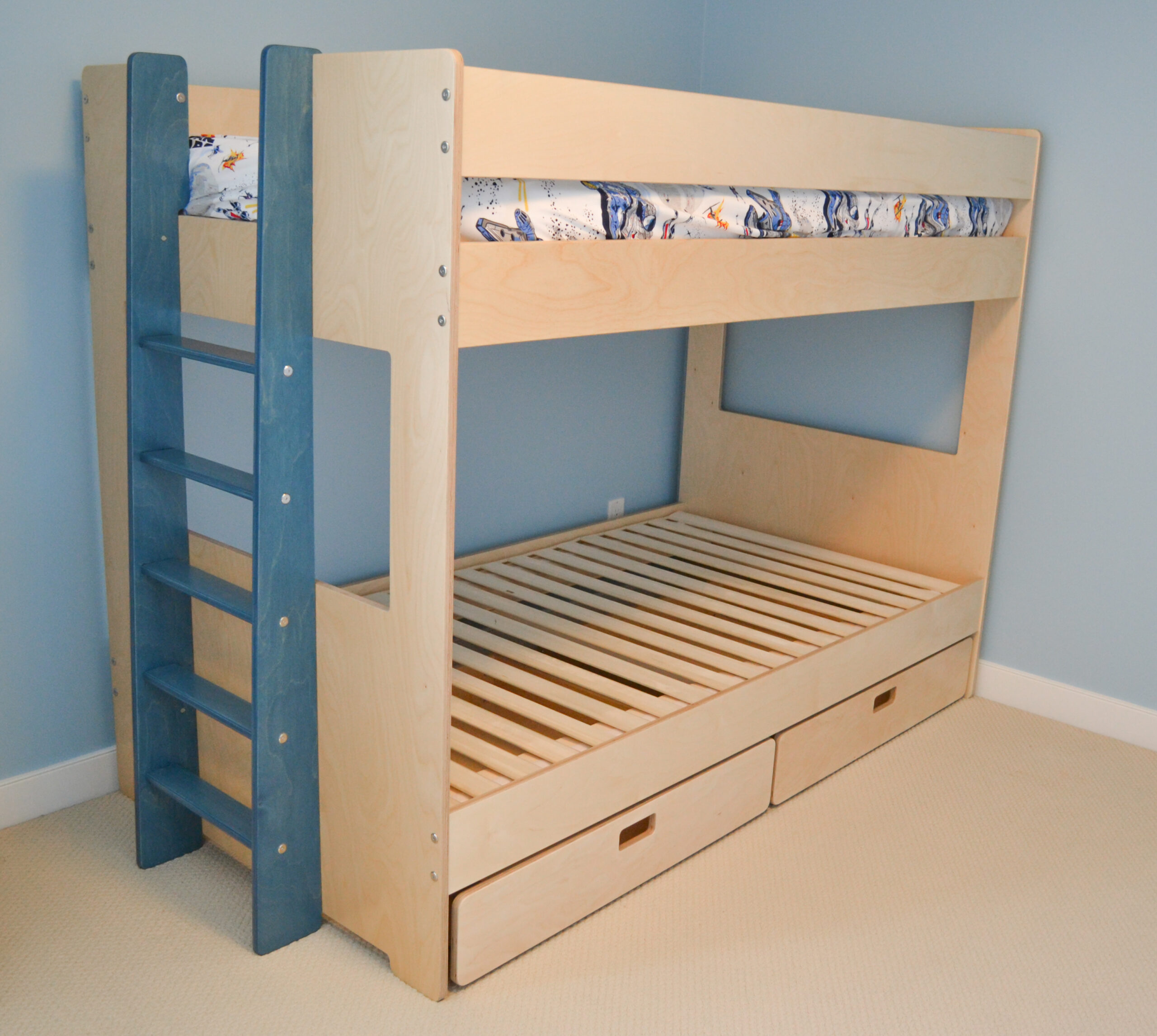 storage drawer for underneath a bunk bed made out of birch multiply