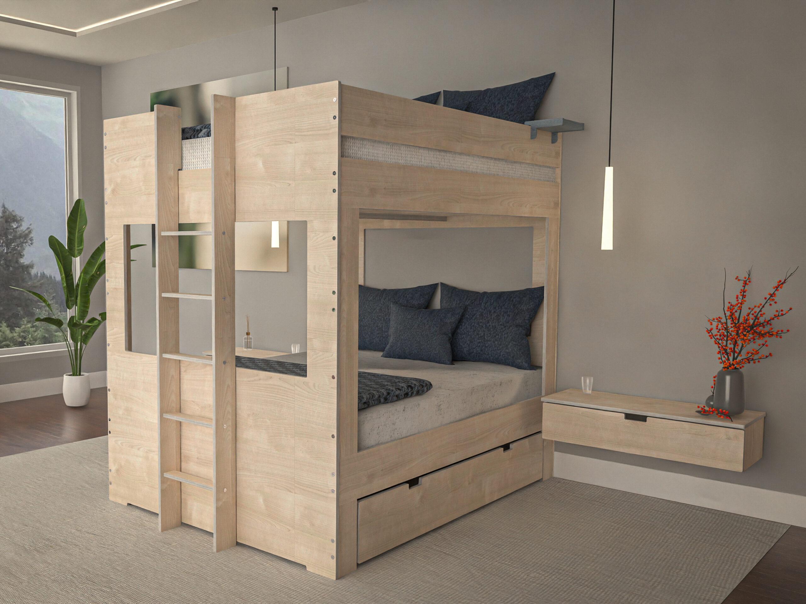 Queen Bunk bed with trundle and matching floating night stands and a denim stained hook over shelf